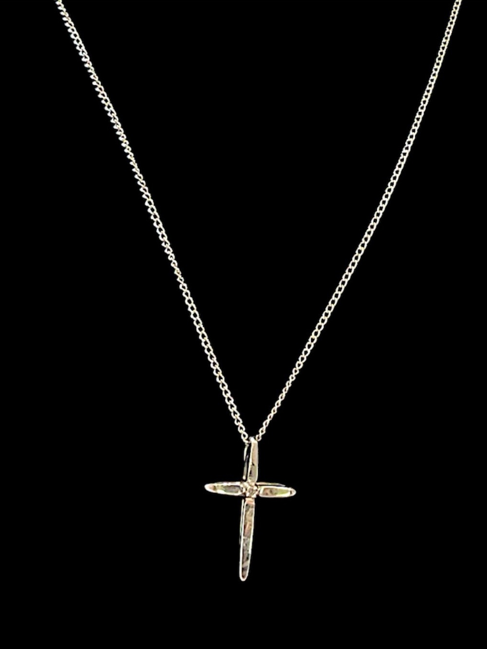 Vintage Sterling Silver and Diamond Small Cross Necklace 18”